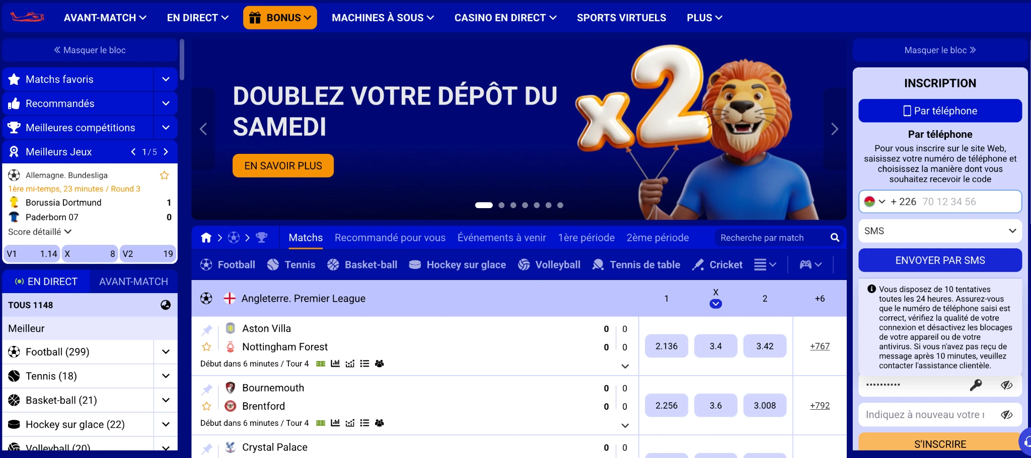 Interface PariPesa Burkina Faso en français avec inscription +226
