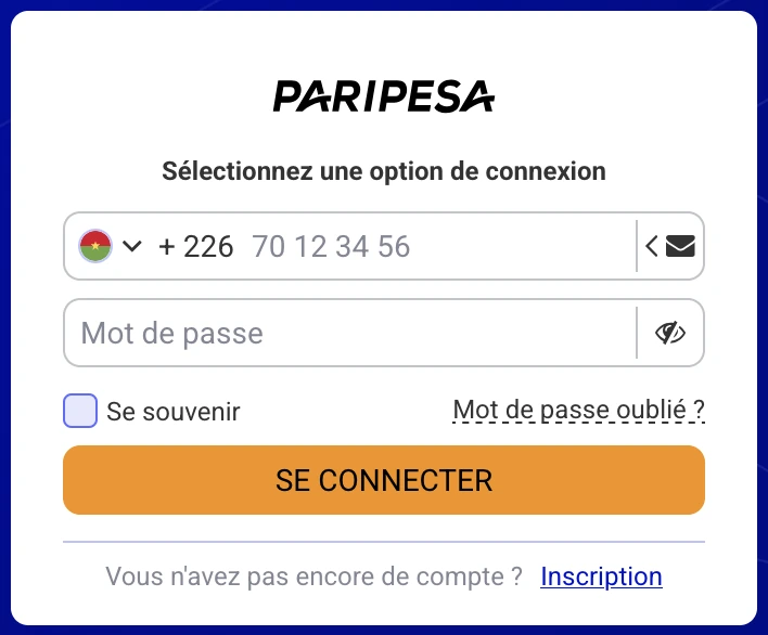 Connexion PariPesa Burkina Faso avec numéro +226