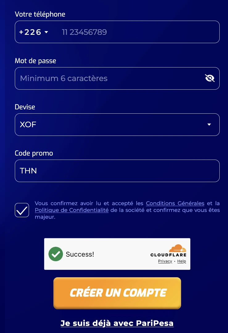Inscription PariPesa Burkina Faso avec +226, XOF et code promo THN
