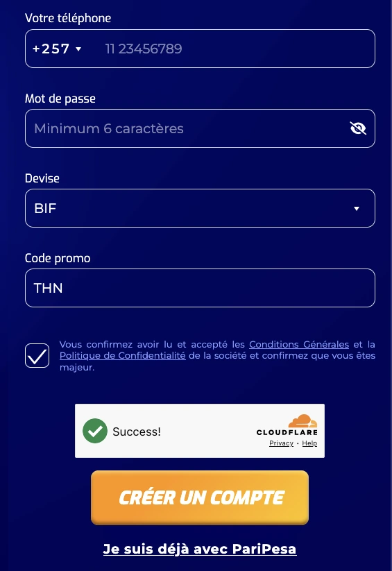 Formulaire d’inscription PariPesa Burundi avec +257 BIF et code THN