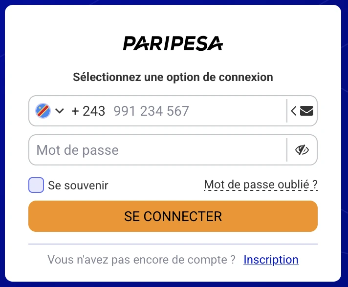 Connexion PariPesa RDC avec numéro +243