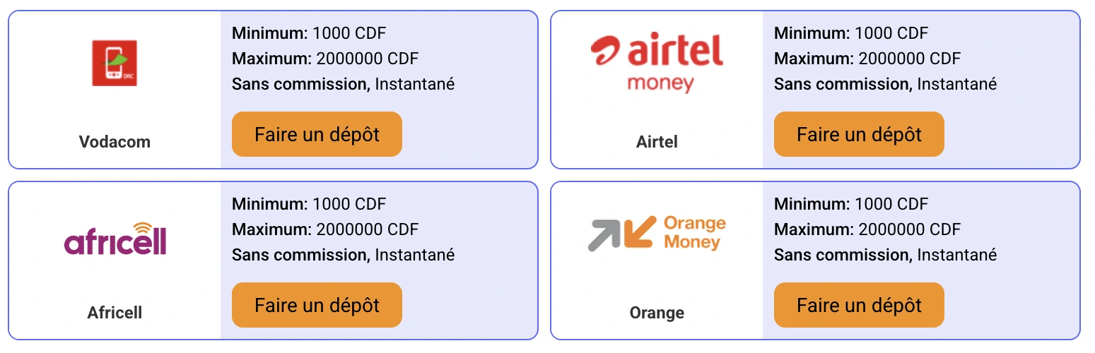 Dépôts PariPesa RDC via Vodacom Airtel Africell et Orange