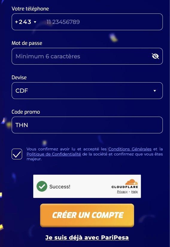 Formulaire d’inscription PariPesa RDC avec +243 CDF et code THN