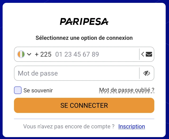 Connexion PariPesa Côte d’Ivoire avec numéro +225