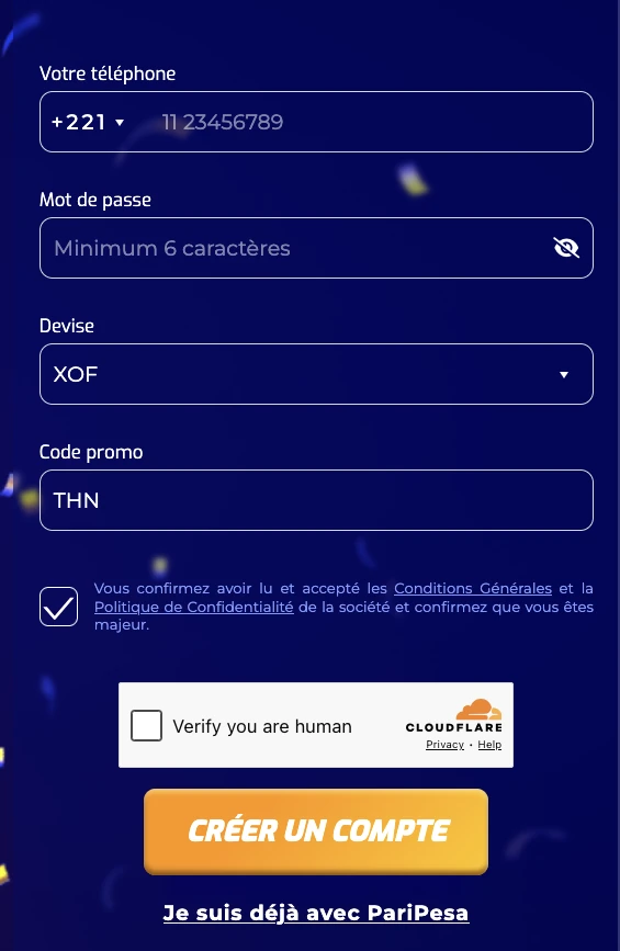 Formulaire d’inscription PariPesa Côte d’Ivoire avec +225 XOF et code THN