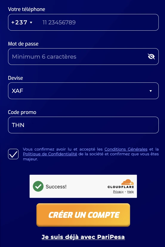 Formulaire d’inscription PariPesa Cameroun avec +237 XAF et code THN