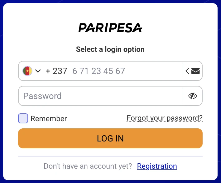 PariPesa Cameroon login form with +237 phone number and password