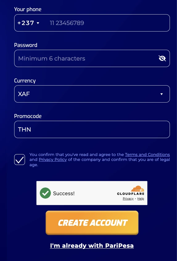 PariPesa Cameroon sign-up form with +237, XAF and promo code THN