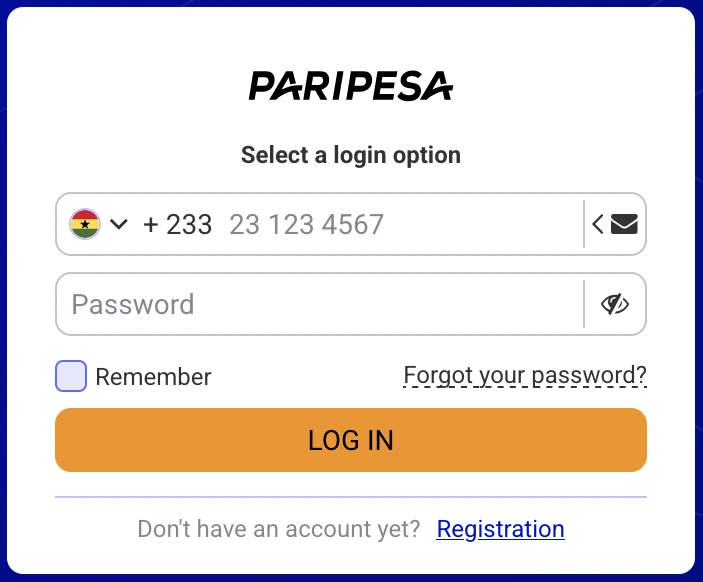 PariPesa Ghana login screen with +233