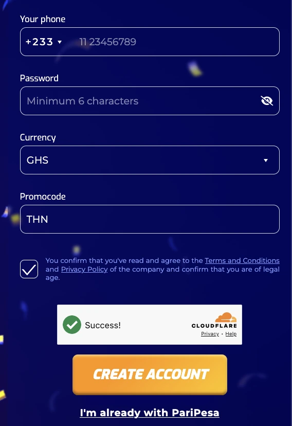 PariPesa Ghana sign-up form with +233, GHS and promo code THN
