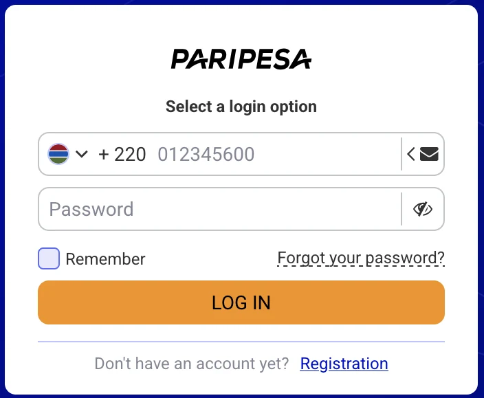 PariPesa Gambia login form showing +220 and password recovery