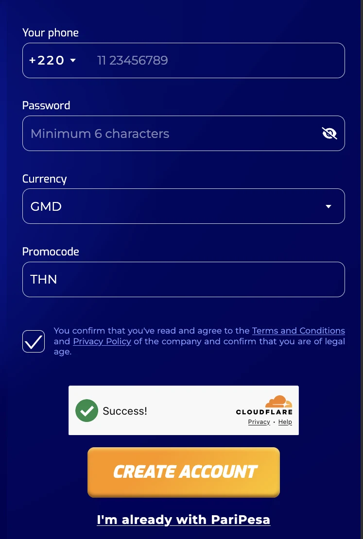 PariPesa Gambia registration showing +220, GMD and promo code THN