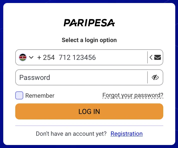 PariPesa Kenya login showing +254 and password recovery