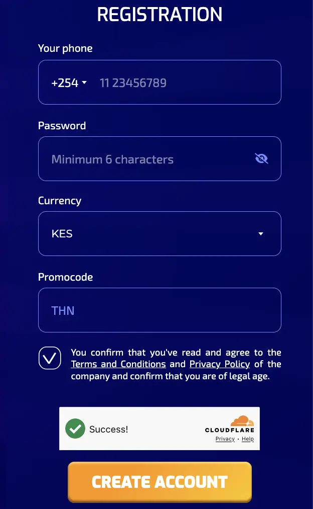 PariPesa Kenya registration showing +254, KES and promo code THN