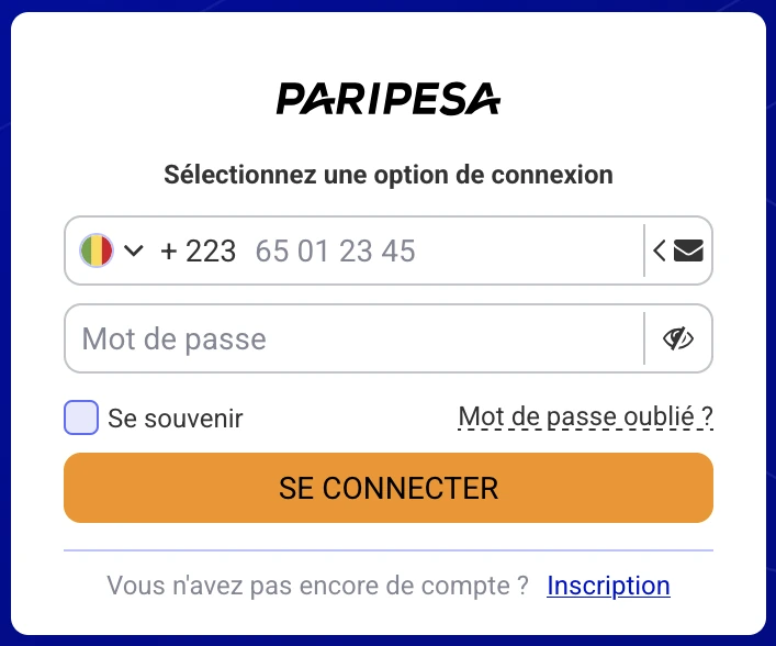 Écran de connexion PariPesa Mali avec le préfixe +223