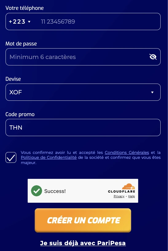 Formulaire d’inscription PariPesa Mali avec +223 XOF et code THN