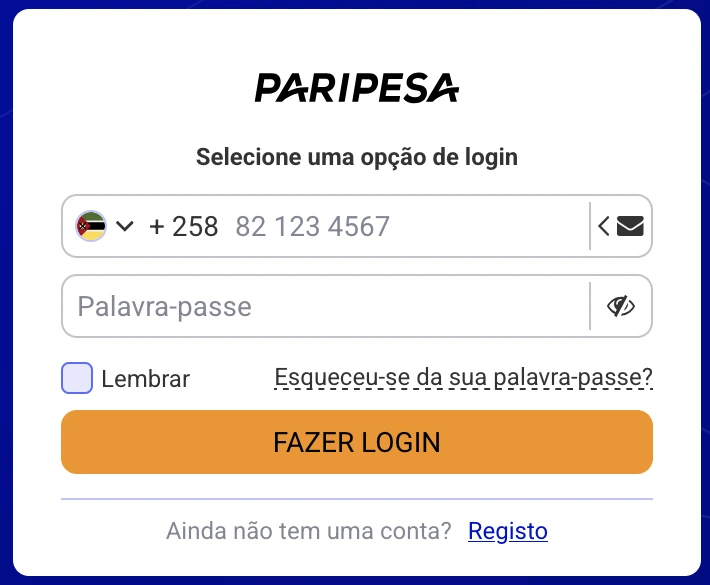 Login PariPesa Moçambique com prefixo +258