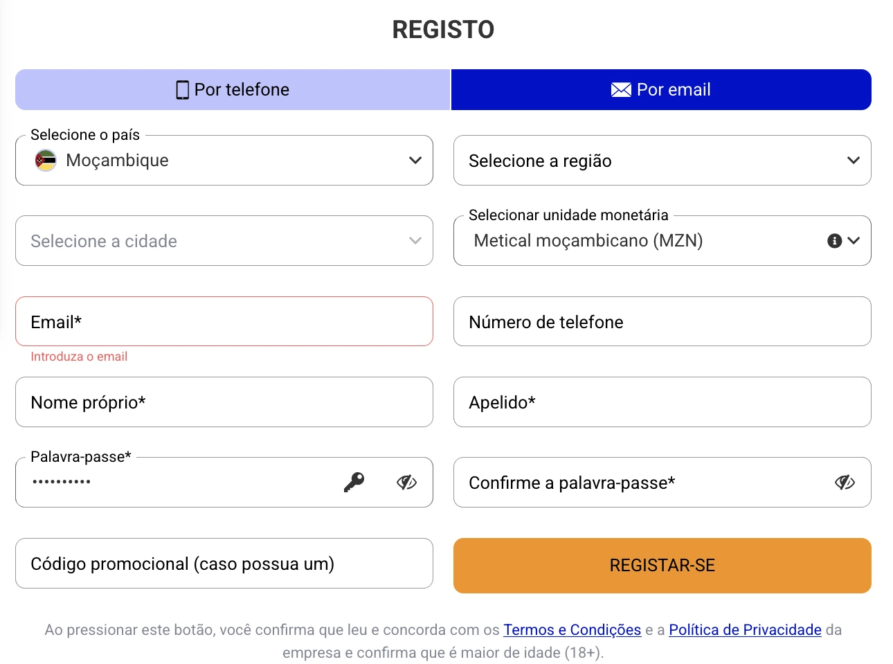 Registo PariPesa Moçambique por email com moeda MZN