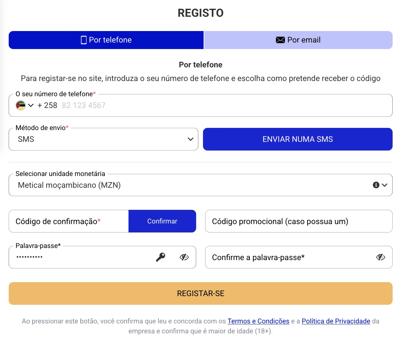 Registo PariPesa Moçambique por telefone com +258 e MZN