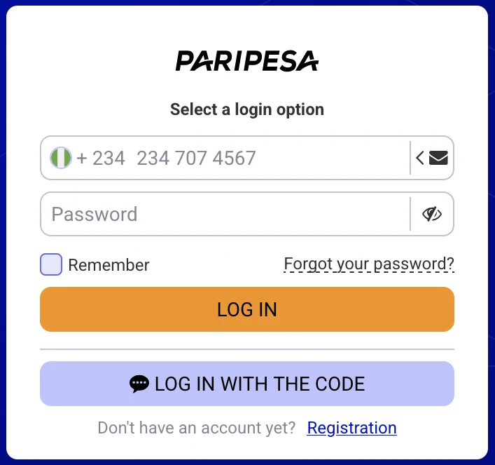 PariPesa Nigeria login form with +234 prefix