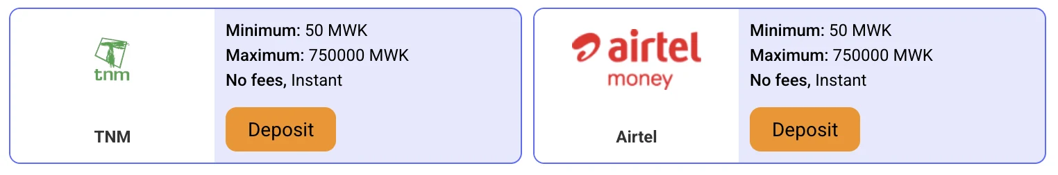 PariPesa Malawi deposit limits for TNM and Airtel Money