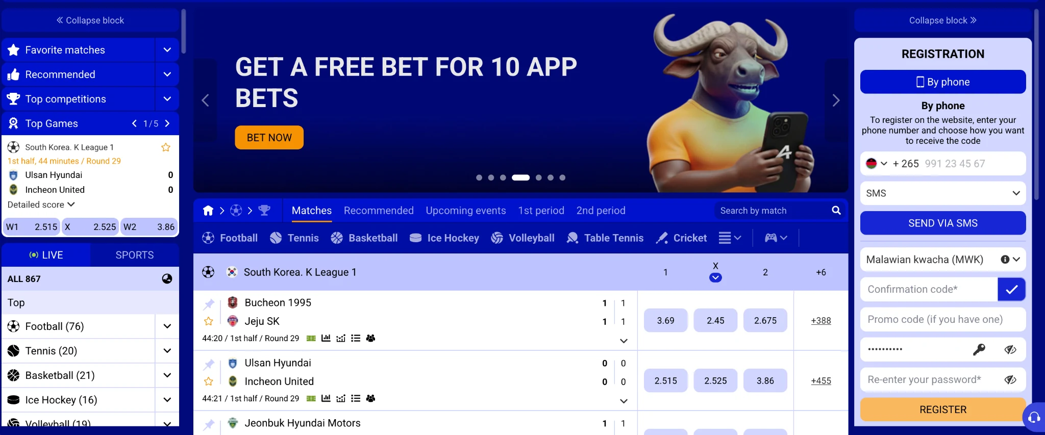 PariPesa Malawi sportsbook with live markets and registration panel
