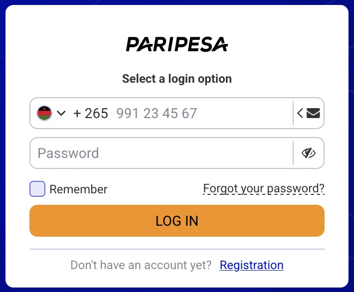 PariPesa Malawi login form with +265 phone prefix and password recovery