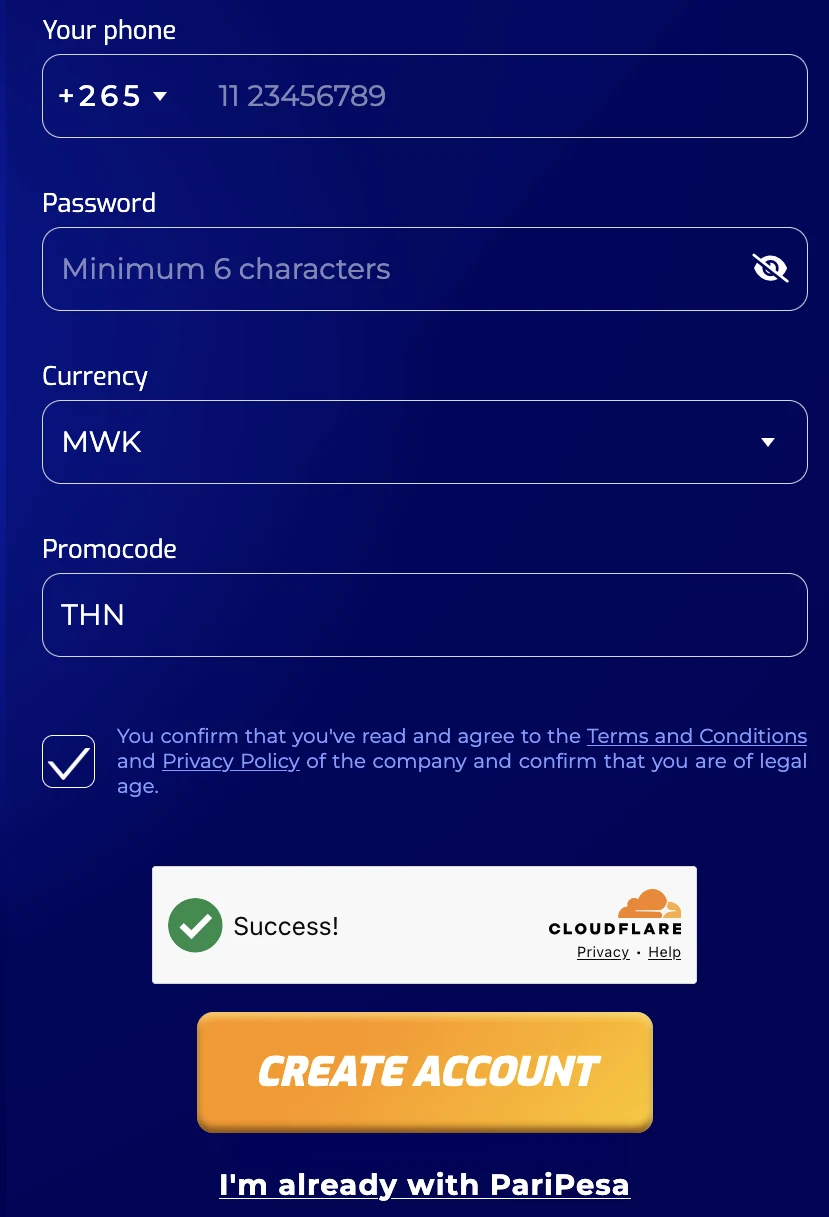 PariPesa Malawi registration form showing +265, MWK and promo code THN