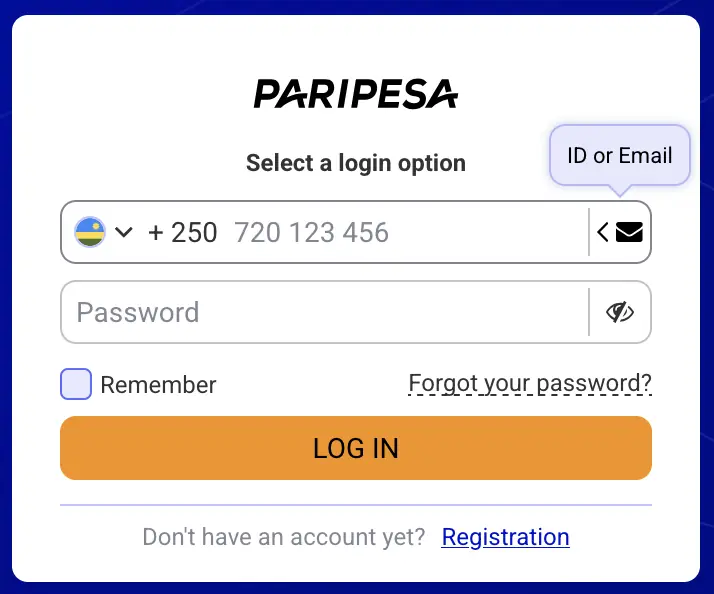 PariPesa Rwanda login showing +250 and ID or Email option