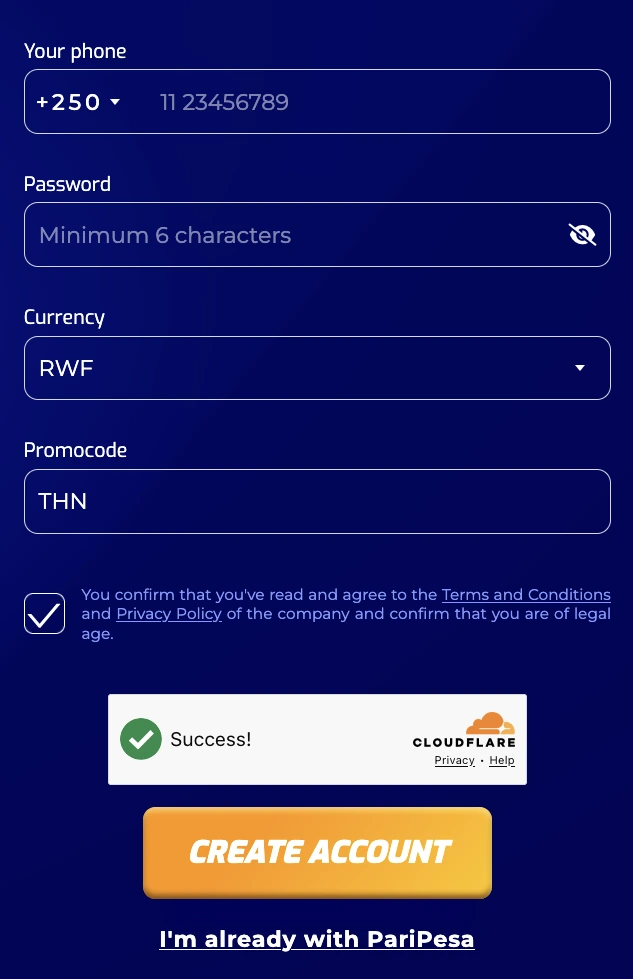 PariPesa Rwanda registration showing +250, RWF and promo code THN