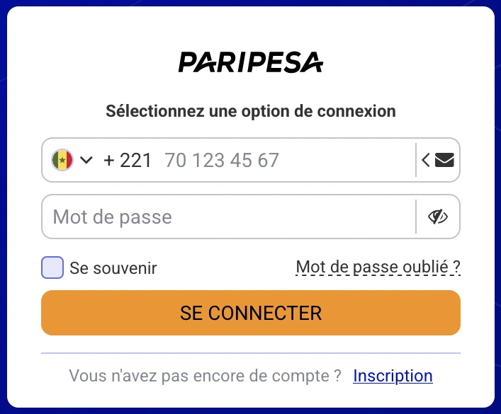 Connexion PariPesa Sénégal en français avec préfixe +221