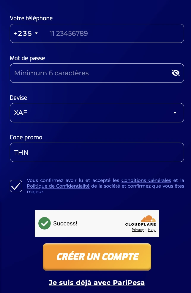 Inscription PariPesa Tchad avec +235, XAF et code promo THN