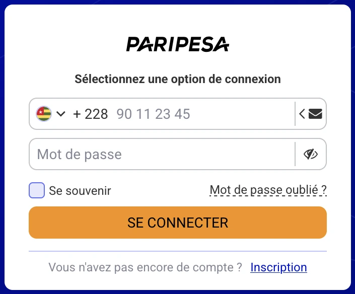 Connexion PariPesa Togo avec numéro +228