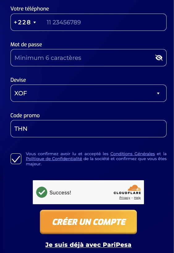 Formulaire d’inscription PariPesa Togo avec +228 XOF et code THN