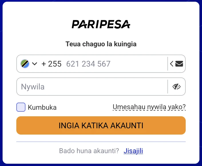 PariPesa Tanzania login yenye +255 na kurejesha nywila