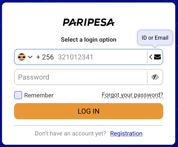 PariPesa Uganda login showing +256 and password recovery