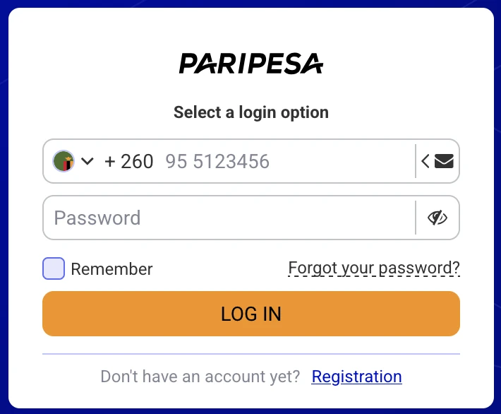 PariPesa Zambia login screen with +260