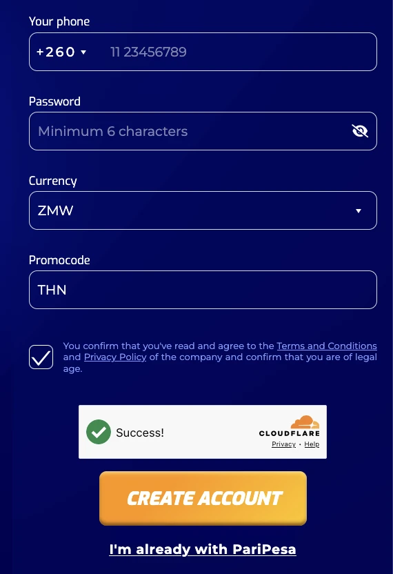 PariPesa Zambia sign-up form with +260, ZMW and promo code THN